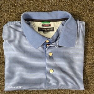 Tommy Hilfiger Golf Techno-Dry Polo Shirt Mens Large Blue White Micro Stripe L